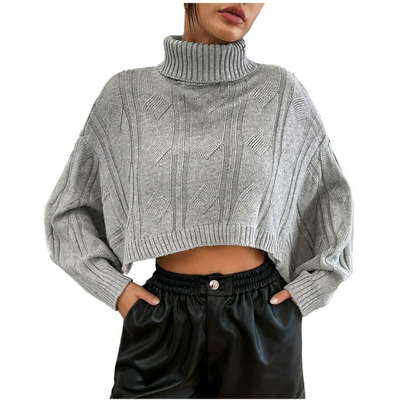 XFLWAM Women's Turtleneck Knit Sweaters Casual Long Batwing Sleeve Pullover Cropped Cute Jumper Drop Shoulder Top Gray S