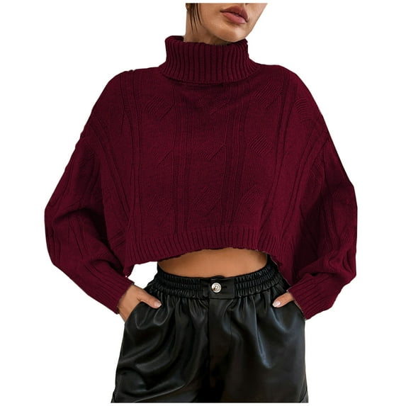 XFLWAM Women's Turtleneck Knit Sweaters Casual Long Batwing Sleeve Pullover Cropped Cute Jumper Drop Shoulder Top Wine M