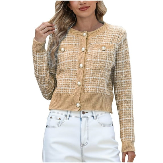 XFLWAM Women's Tweed Plaid Sweaters Blazer Dressy Casual Button Down Open Front Cardigan Crew Neck Long Sleeve Texture Knit Jackets with Pockets