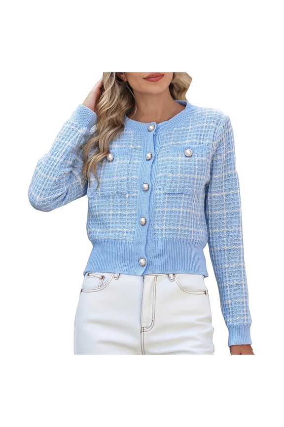 Women's Tweed Plaid Sweaters Blazer Dressy Casual Button Down Open Front Cardigan Crew Neck Long Sleeve Texture Knit Jackets with Pockets