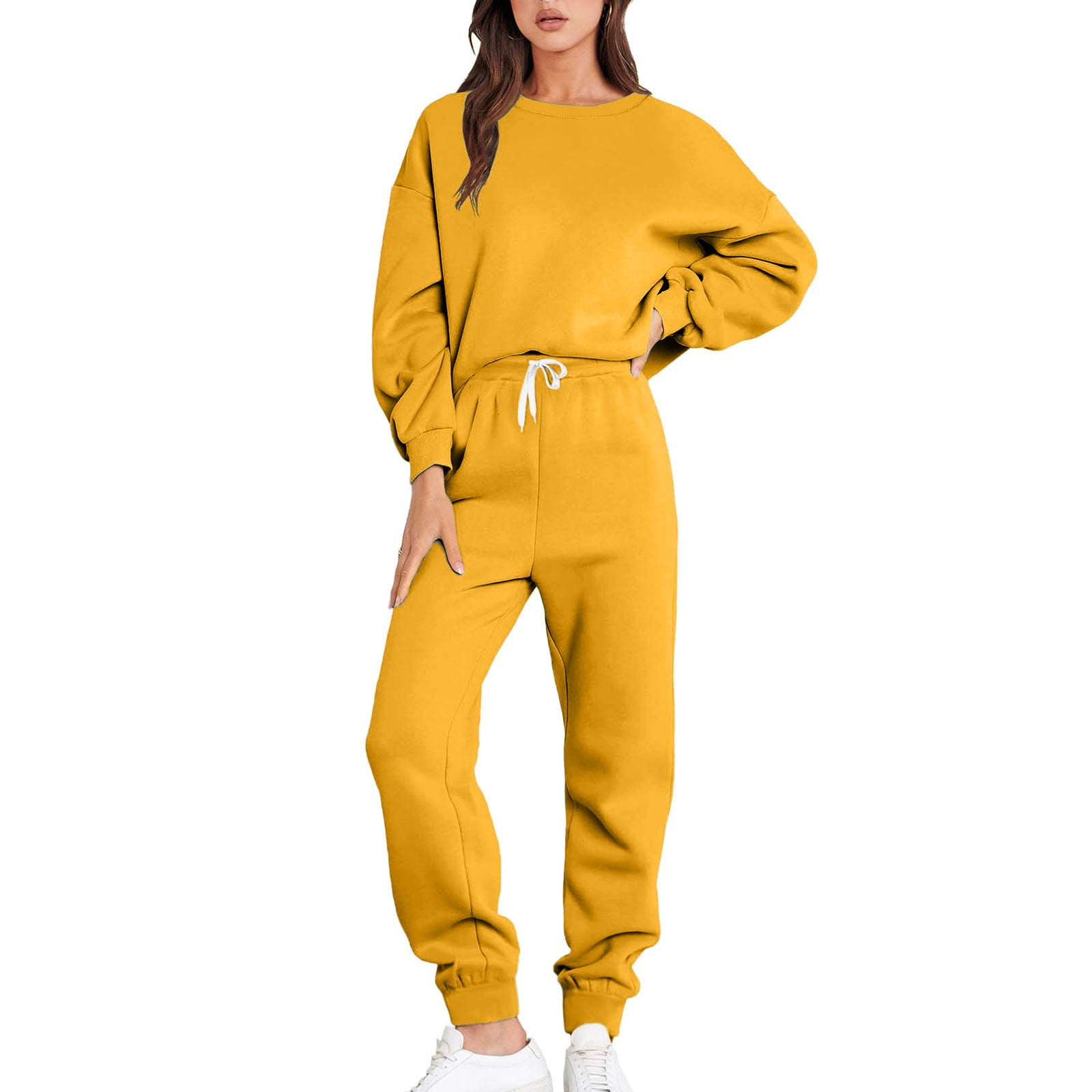 XFLWAM Women s Two Piece Outfits Long Sleeve Crewneck Sweatsuit with Jogger Pants Lounge Sets with Pockets Dark Yellow M Walmart