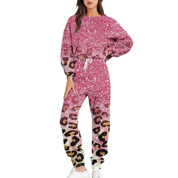 XFLWAM Women's Two Piece Outfits Long Sleeve Crewneck Sweatsuit with Jogger Pants Lounge Sets with Pockets Z-Hot Pink XL