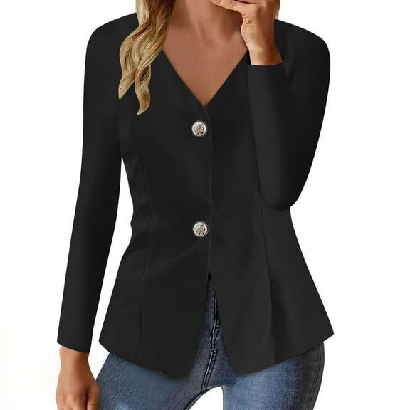 XFLWAM Women's V Neck Blazers Casual Long Sleeve Button Up Blazer Elegant Slim Fitted Work Office Suit Jackets Black XXL