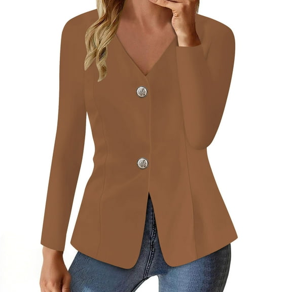 XFLWAM Women's V Neck Blazers Casual Long Sleeve Button Up Blazer Elegant Slim Fitted Work Office Suit Jackets Brown XXL
