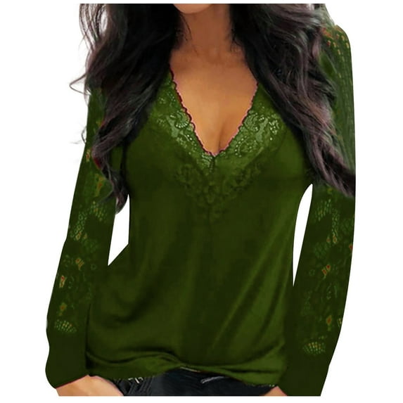 XFLWAM Women's V Neck Crochet Lace Trim Tunic Tops Sheer Mesh Lace Long Sleeve Casual Loose Blouses Army Green 3XL