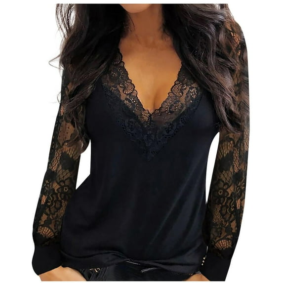 XFLWAM Women's V Neck Crochet Lace Trim Tunic Tops Sheer Mesh Lace Long Sleeve Casual Loose Blouses Black 4XL