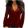 thumbnail image 1 of XFLWAM Women's V Neck Crochet Lace Trim Tunic Tops Sheer Mesh Lace Long Sleeve Casual Loose Blouses Wine Red XL, 1 of 5