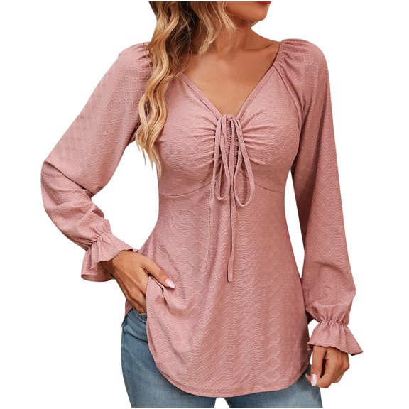 XFLWAM Women's V Neck Drawstring Ruched Tops Puff Long Sleeve Ruffle Cuff Shirts Solid Color Casual Blouses Pink S