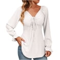 thumbnail image 1 of XFLWAM Women's V Neck Drawstring Ruched Tops Puff Long Sleeve Ruffle Cuff Shirts Solid Color Casual Blouses White L, 1 of 5