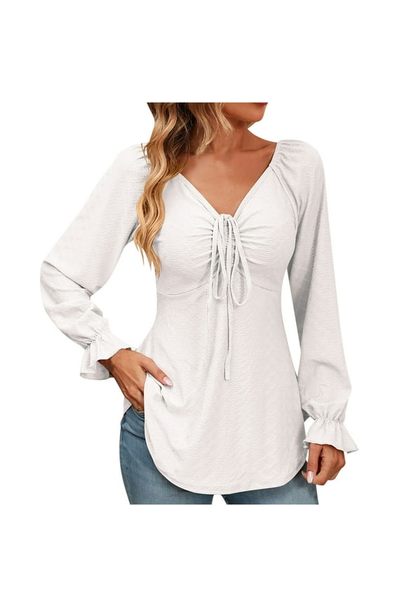 Women's V Neck Drawstring Ruched Tops Puff Long Sleeve Ruffle Cuff Shirts Solid Color Casual Blouses White M