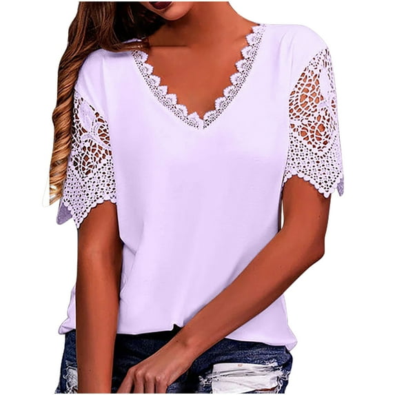 XFLWAM Women's V Neck Lace Trim Tops Lace Crochet Short Sleeve T Shirts Casual Solid Color Loose Summer Blouse Purple XL