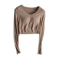 thumbnail image 1 of XFLWAM Women's V Neck Long Sleeve Basic T Shirt with Built in Bra Slim Fit Solid Color Padded Crop Top Sexy Bodycon Tee Khaki M, 1 of 9