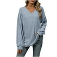 thumbnail image 1 of XFLWAM Women's V Neck Puff Long Sleeve Tops Sweaters Fall Fashion Trendy Casual Loose Fit Knit Casual Pullover Tops Light Blue L, 1 of 7