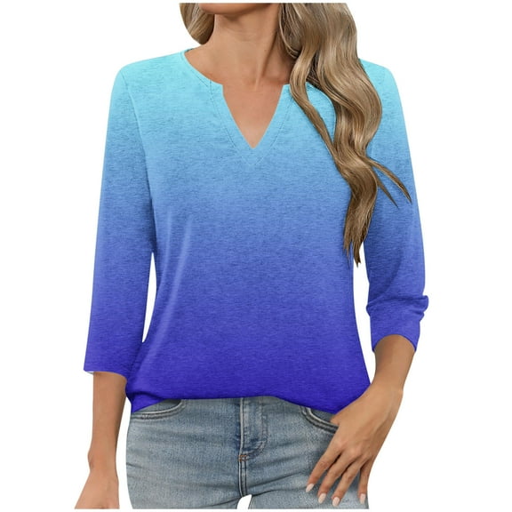 XFLWAM Women's V Neck Three Quarter Sleeve T Shirts Casual Basic Fall Tees Shirts Dressy Loose Fit Tunic Tops