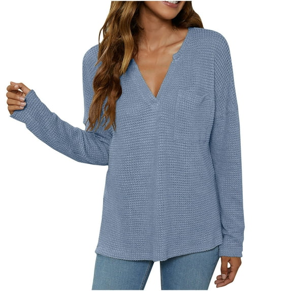 XFLWAM Women's V Neck Waffle Knit Henley Tops Casual Solid Color Long Sleeve Pullover Blouses with Pocket Blue XL
