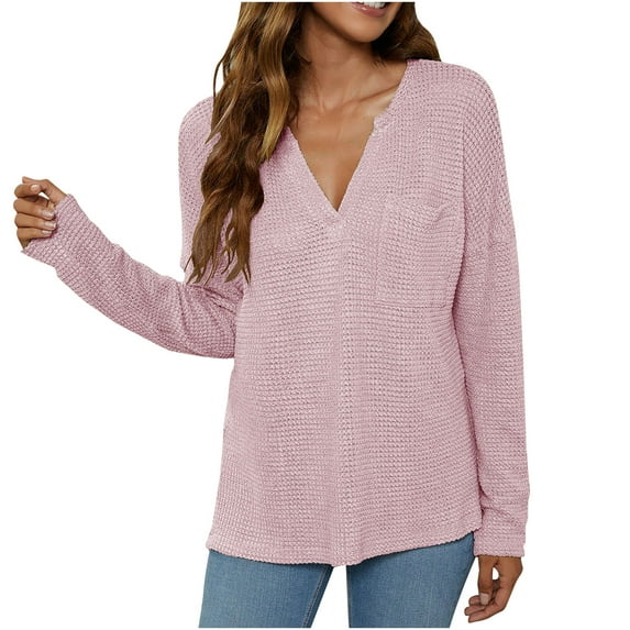 XFLWAM Women's V Neck Waffle Knit Henley Tops Casual Solid Color Long Sleeve Pullover Blouses with Pocket Pink S