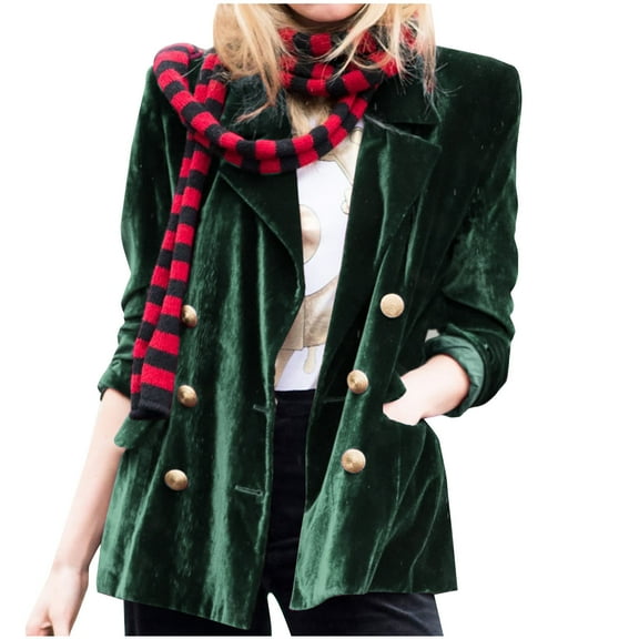 XFLWAM Women's Velvet Blazer Jackets Casual Long Sleeve Blazer Lapel Collar Pocketed Double Breasted Suits Work Outfits Green XXL