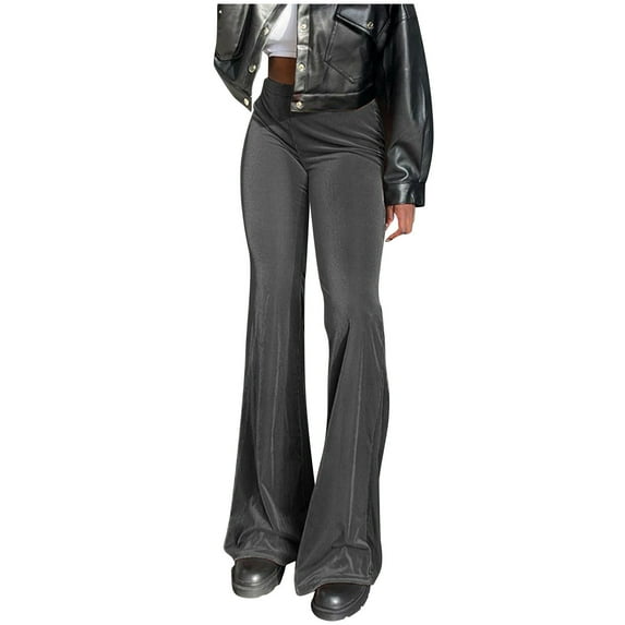 XFLWAM Women's Velvet Elastic High Waist Flare Legging Pants Casual Bell Bottom Long Pants Palazzo Long Trouser Gray XL