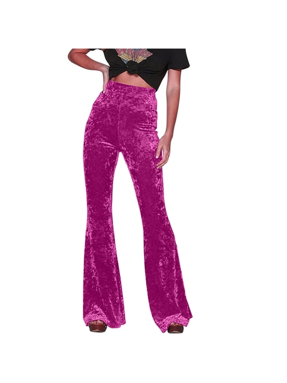 Women's Velvet Flare Leg Pants Elastic Waist Palazzo Long Pant Ribbed Stretchy Slim Bodycon Bell Bottom Trousers Hot Pink L