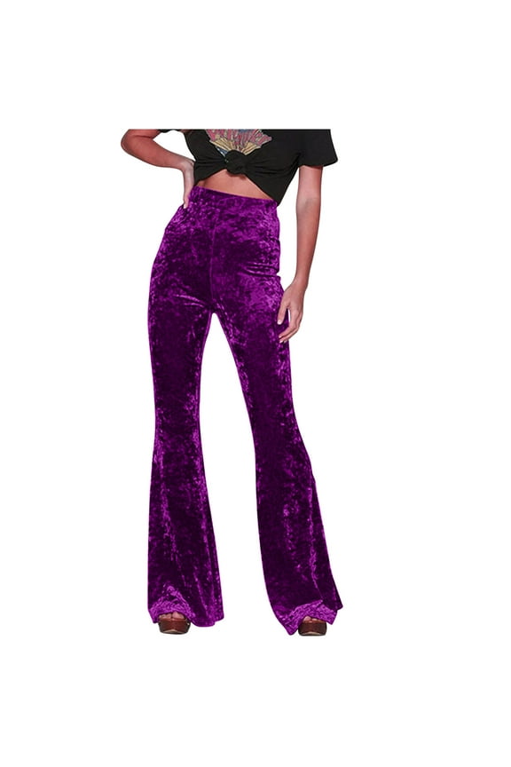 Women's Velvet Flare Leg Pants Elastic Waist Palazzo Long Pant Ribbed Stretchy Slim Bodycon Bell Bottom Trousers Purple M