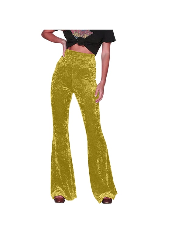 Women's Velvet Flare Leg Pants Elastic Waist Palazzo Long Pant Ribbed Stretchy Slim Bodycon Bell Bottom Trousers Yellow XXL