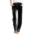 thumbnail image 1 of XFLWAM Women's Velvet Pants Drawstring High Waist Straight Leg Sweatpants Casual Lightweight Lounge Palazzo Trousers with Pockets Black S, 1 of 6