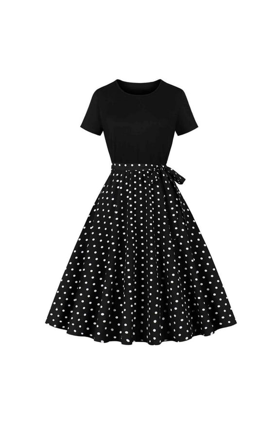 Women's Vintage 1950s Dress Polka Dot Retro Rockabilly Short Sleeve Prom Dress 50's 60's A-Line Cocktail Party Swing Dress