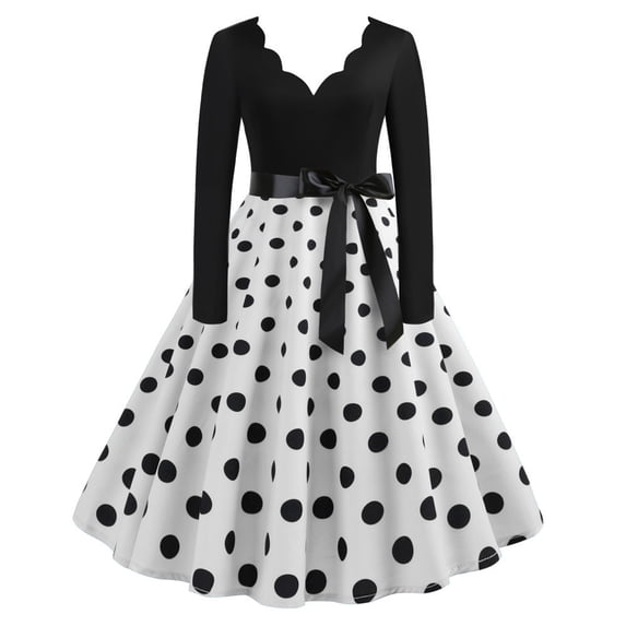 XFLWAM Women's Vintage Audrey Hepburn Dress Polka Dots Long Sleeve Knee-Length Dress Cocktail Party Evening Dress White L