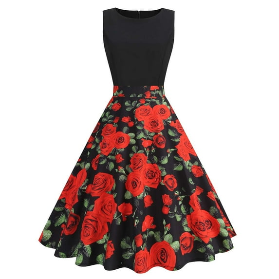 XFLWAM Women's Vintage Sleeveless Solid Summer Cute A Line Flowy Swing Midi Dress 1950s Retro Rockabilly Prom Dresses