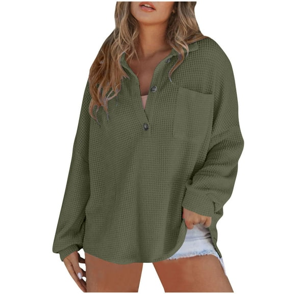 XFLWAM Women 's Waffle Knit Henley Sweatshirt Long Sleeve V Neck Solid Color Pullover Tops Casual Oversized Side Slit Shirts with Pocket Army Green M
