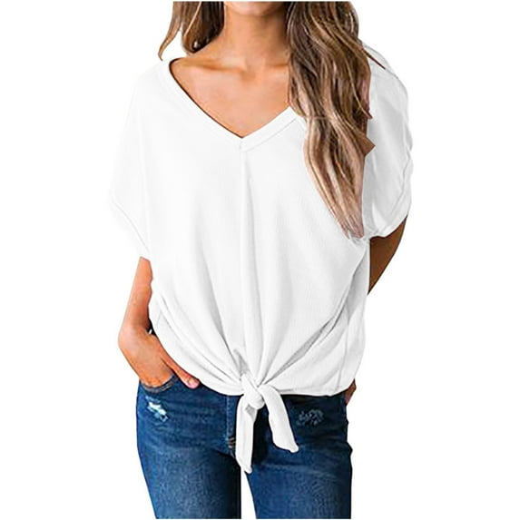 XFLWAM Women's Waffle Knit Tunic Blouse V Neck Short Sleeve Tie Knot Front Tops Summer Casual Loose Fitting Bat Wing T Shirts