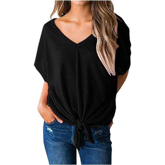 XFLWAM Women's Waffle Knit Tunic Blouse V Neck Short Sleeve Tie Knot Front Tops Summer Casual Loose Fitting Bat Wing T Shirts