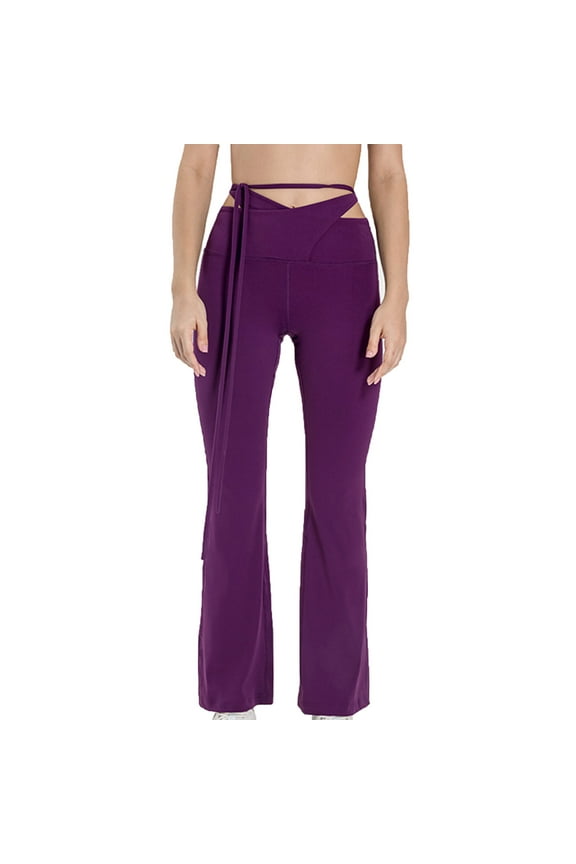 Women's Waist Tie Flare Yoga Pant V Crossover High Waist Slim Fit Bootcut Leggings Frayed Hem Workout Pants