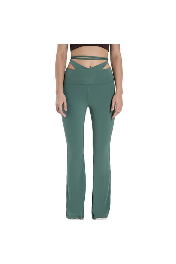 Women's Waist Tie Flare Yoga Pant V Crossover High Waist Slim Fit Bootcut Leggings Frayed Hem Workout Pants