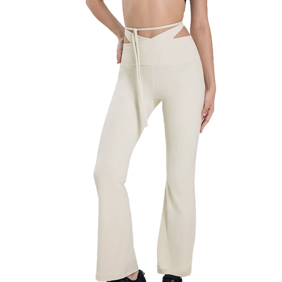 XFLWAM Women's Waist Tie Flare Yoga Pant V Crossover High Waist Slim Fit Bootcut Leggings Frayed Hem Workout Pants