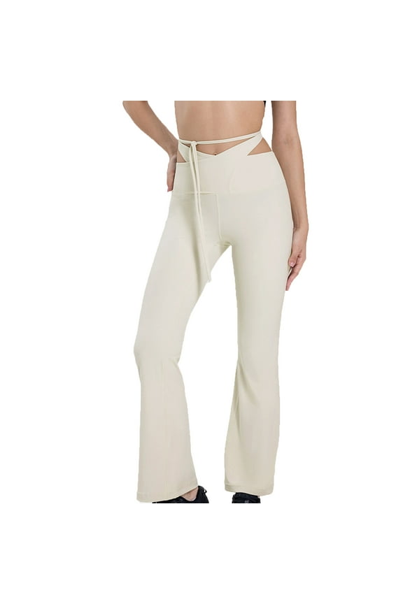 Women's Waist Tie Flare Yoga Pant V Crossover High Waist Slim Fit Bootcut Leggings Frayed Hem Workout Pants