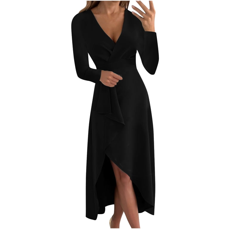 XFLWAM Women's Warp V Neck Long Sleeve Ruffle Split Midi Dress Solid Color  Bodycon Cocktail Party Dresses Black M - Walmart.com