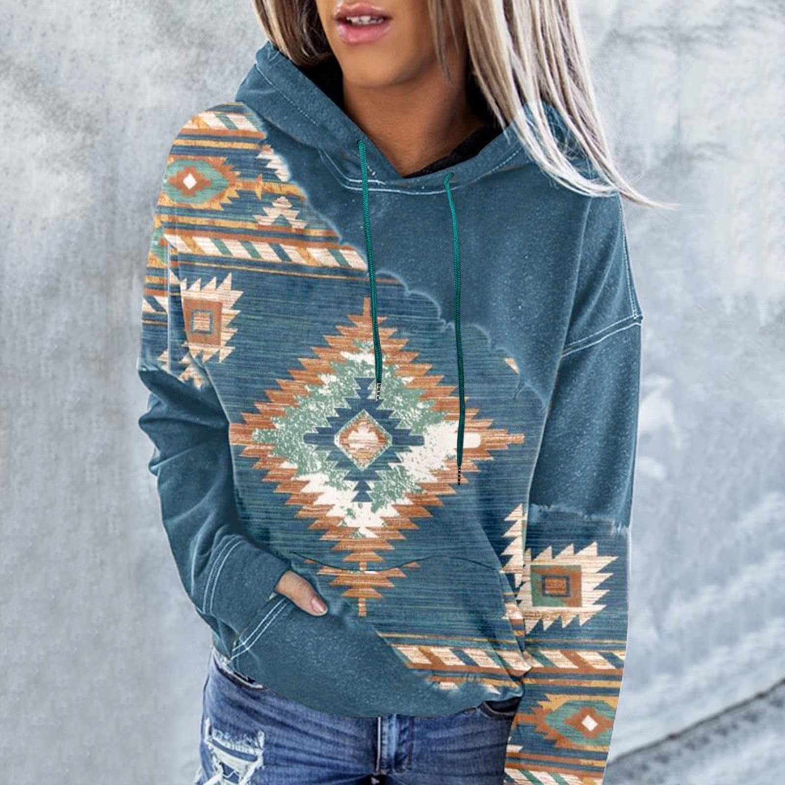 XFLWAM Women s Western Aztec Geometric Hoodie Ethnic Graphic Pullover Sweater Long Sleeve Drawstring Hooded Sweatshirt Shirts Vintage Casual Tops Blue
