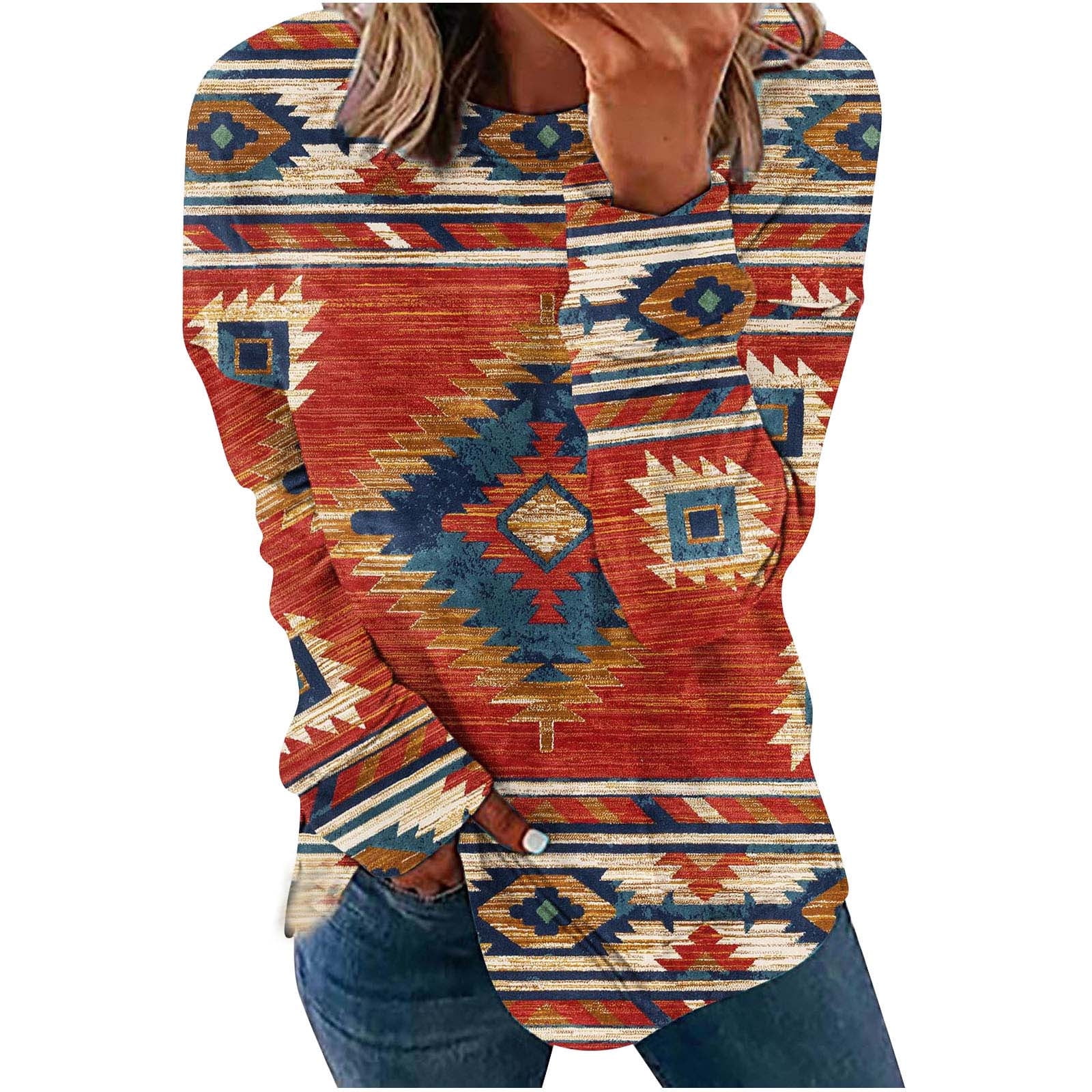 XFLWAM Women's Western Aztec Sweatshirt Long Sleeve Pullover Vintage