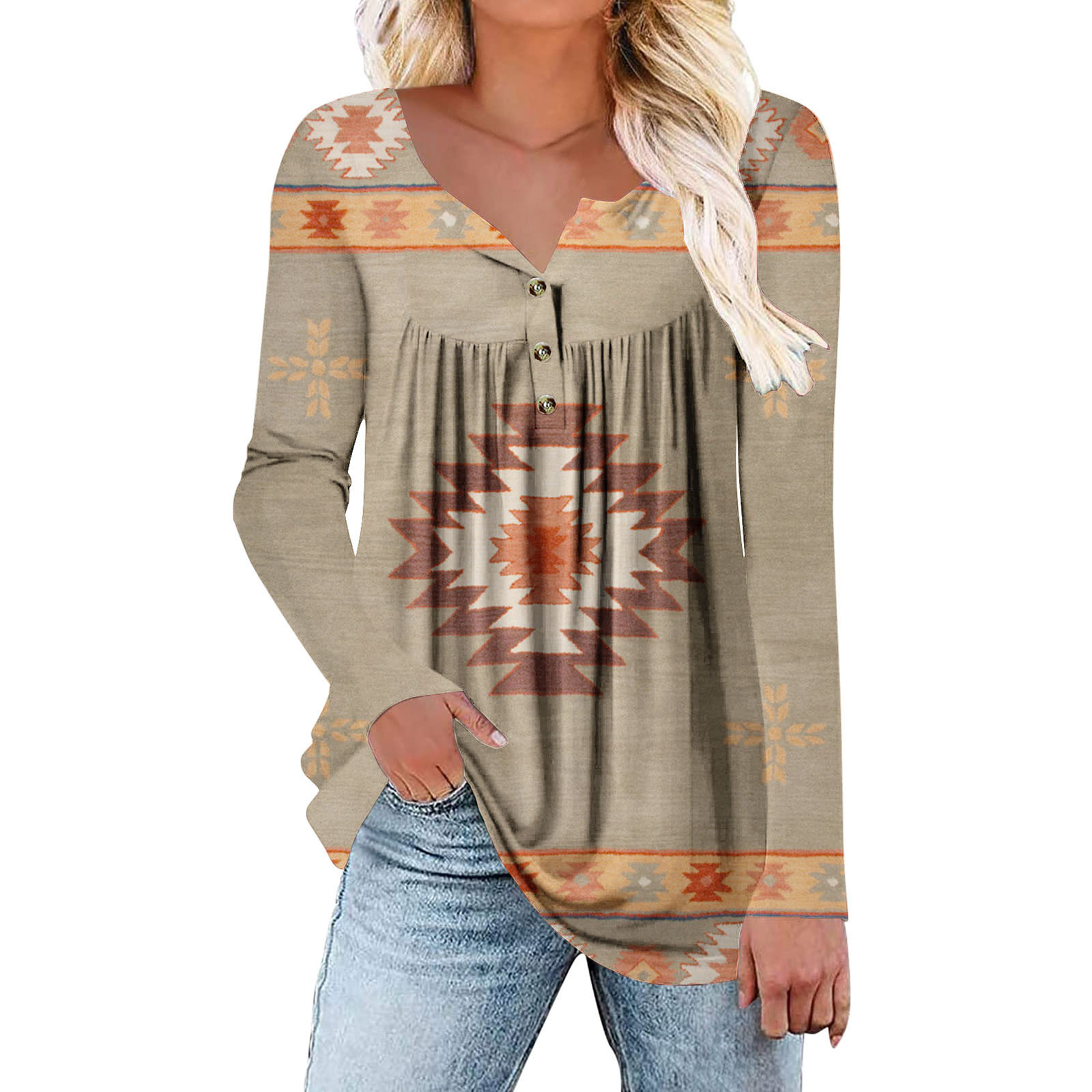 XFLWAM Women's Western Aztec Tops Hide Belly Tunic 2023 Ethnic Style Long Sleeve T Shirts Henley