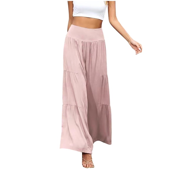 XFLWAM Women's Wide Leg Palazzo Pants High Waist Beach Boho Casual Solid Color Loose Long Trousers Pink S