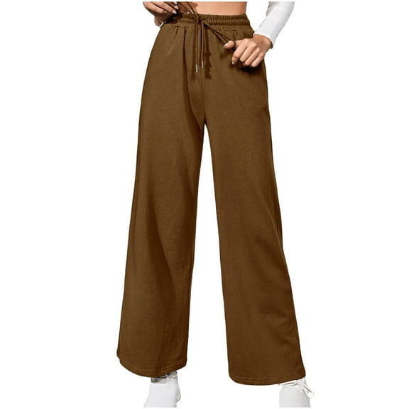 XFLWAM Women's Wide Leg Sweat Pants Baggy Drawstring Elastic High Waist Lounge Trousers Full Length Workout Pants Coffee XXL