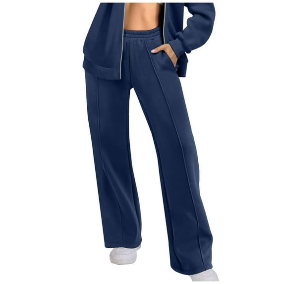 XFLWAM Women's Wide Leg Sweatpants Elastic High Wasited Athletic Pants Workout Straight Leg Jogger Sweat Pants with Pockets Navy Blue L