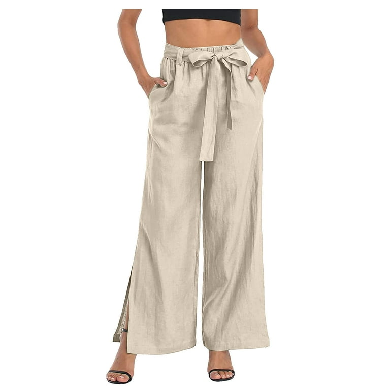 XFLWAM Women's Wide Leg Tie Front Wrap Pants High Waisted Loose Palazzo  Pants Summer Beach Pants with Pockets Khaki L