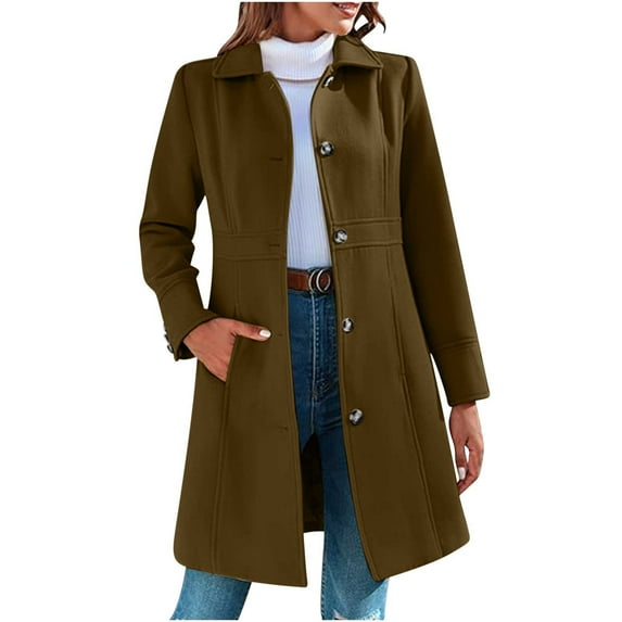 XFLWAM Women's Winter Classic Outerwear Lapel Collar Overcoat with Pockets Single Breasted Pea Coat Casual Solid Color Tops Brown L