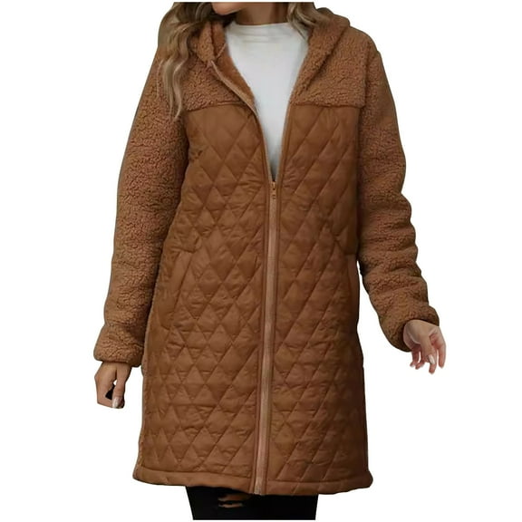 XFLWAM Women's Winter Fashion Clothes Oversized Shearling Fleece Long Sleeve Thermal Coats Solid Color Hooded Jackets Coffee XXL