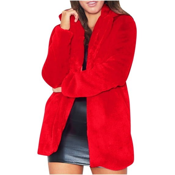XFLWAM Women's Winter Fuzzy Fleece Coat Lapel Open Front Faux Fur Long Jacket Outwear with Pockets Red 4XL