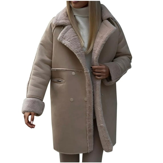 XFLWAM Women's Winter Notched Lapel Coats Double Breasted Sherpa Fleece Outerwear Faux Leather Long Trench Coat with Pockets Khaki XL