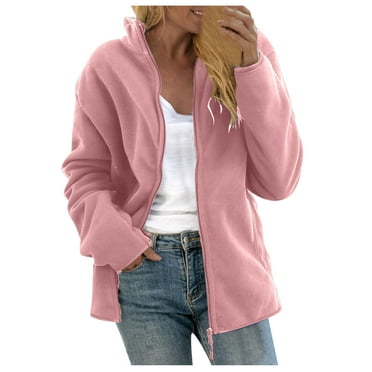 XFLWAM Women's Winter Polar Fleece Jacket Warm Sherpa Lined Coat Full Zip up Stand Collar Sweatshirt Outdoor Solid Color Jacket Pink S