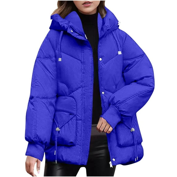 XFLWAM Women's Winter Thicken Puffer Coat Casual Quilted Jackets Warm Padded Down Hood Winter Outerwear Blue L